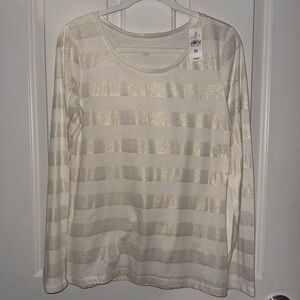 LOFT Cream and Gold Stripe Long Sleeve T-shirt